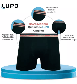 Kit com 10 Cuecas Boxer Lupo Preta. (Adulto)